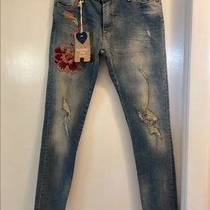 PLEASE small slim fit mid rise embroidered & distressed jeans raw hems Italy NWT
